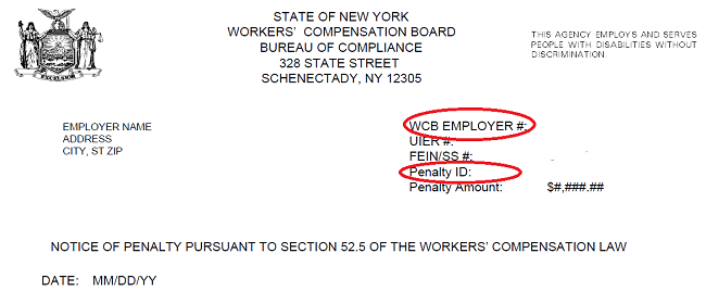 Top of Employer Inquiry Notice form with WC Employer Number and Penalty ID circled