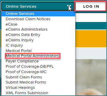 Online Services dropdown menu, Medical Portal Administrators item highlighted