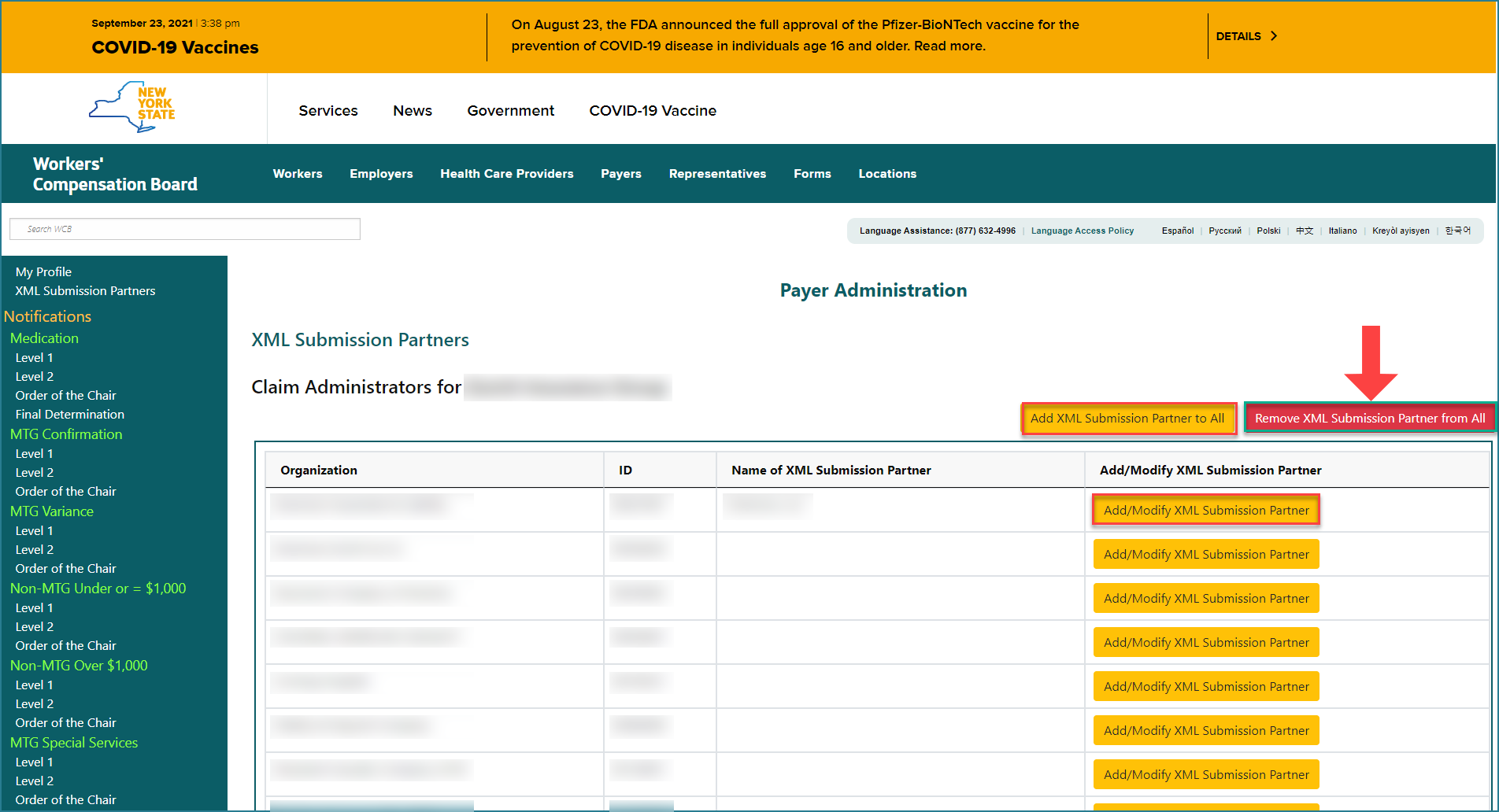 XML Submission Partners screen, Remove XML Submission Partner from All highlighted