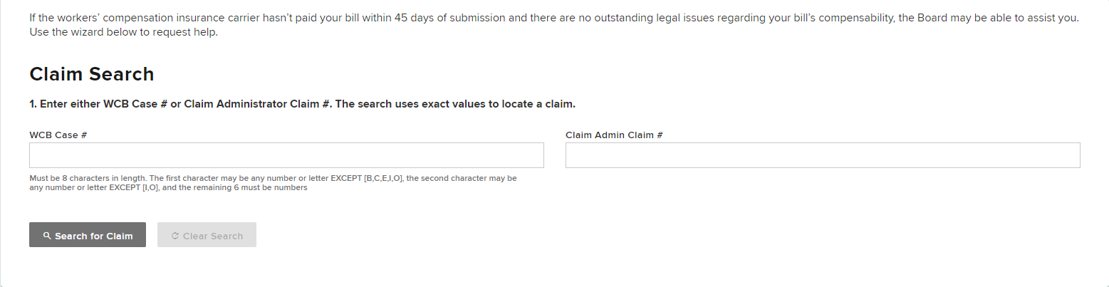 Claim Search screen collecting WCB Case Number or Claim Admin Claim Number
