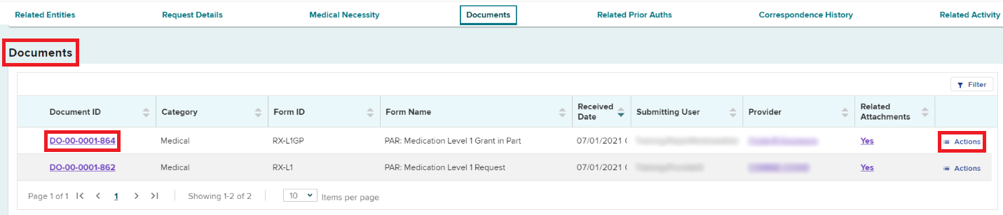Documents section in PAR Details with action button in last column in table