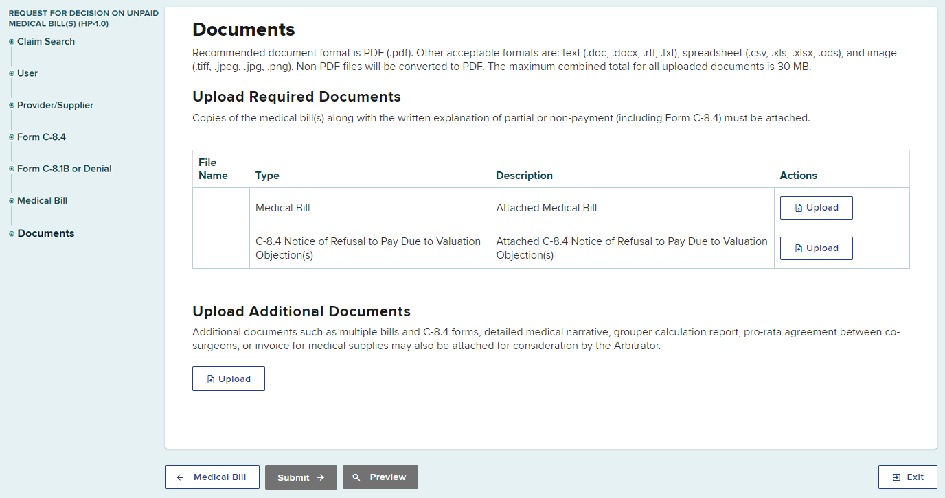 Upload Required C-8.4 Documents screen