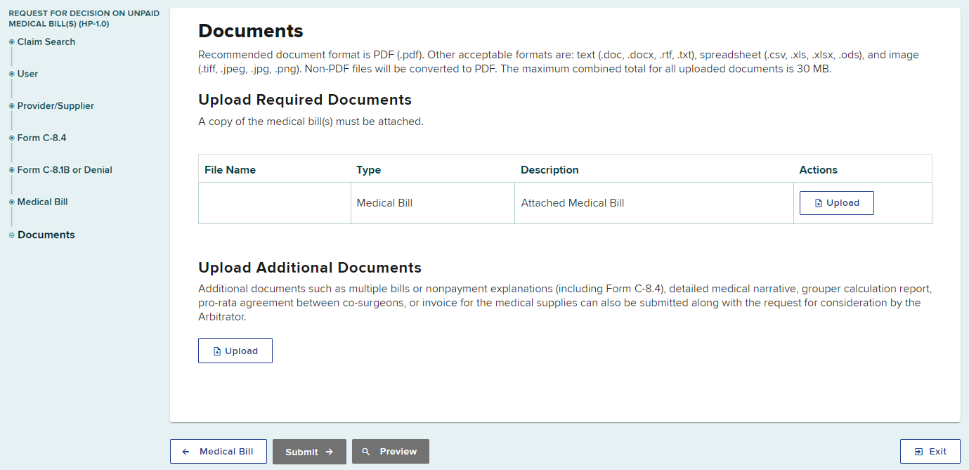 Upload Required Medical Bill and/or additional documents