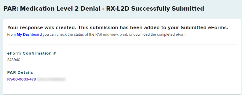 Denial submission confirmation page