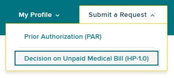 Decision on Unpaid Medical Bill(s) button in menu