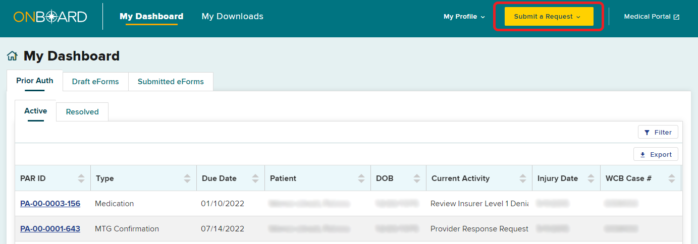 Provider Dashboard with Submit Request button in upper right corner