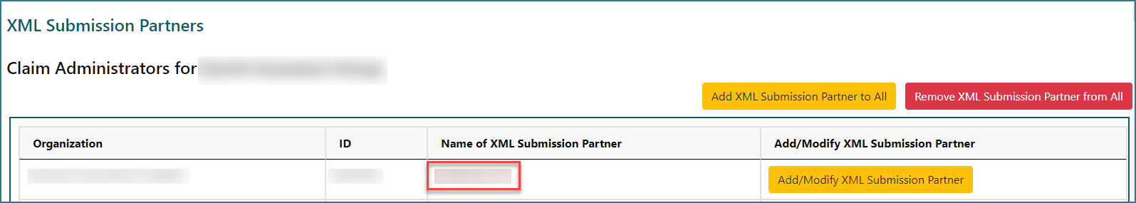 XML Submission Partners screen, Name of XML Submission Partner highlighted