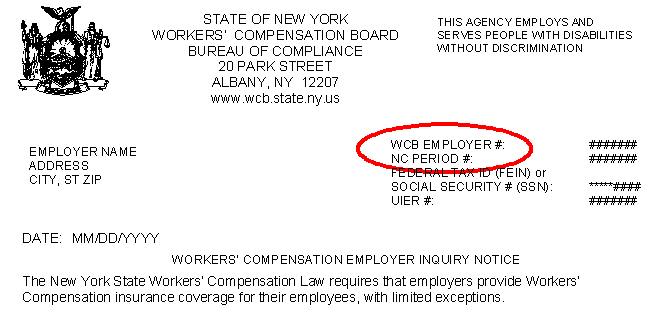 Top of Employer Inquiry Notice form with WC Employer Number and NC Period circled
