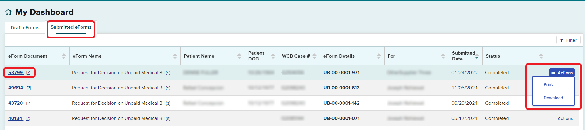 Submitted tab on medical supplier dashboard