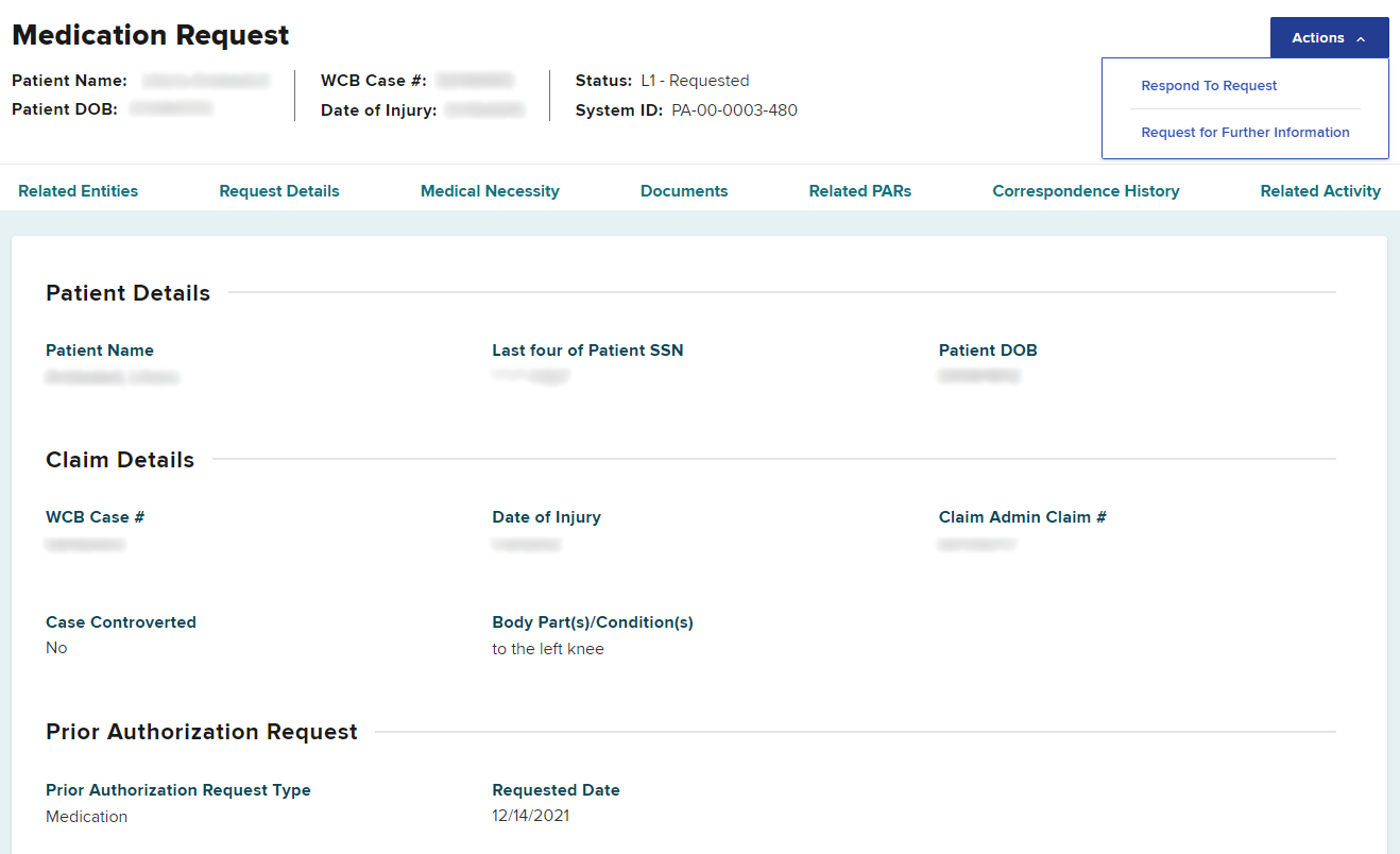 PAR Details page and Actions buttons for PAR response