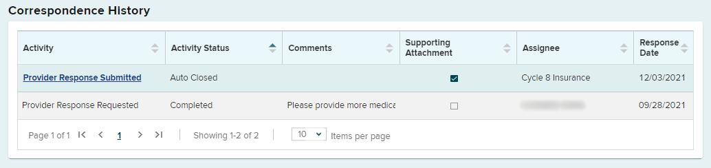 Correspondence history provider response