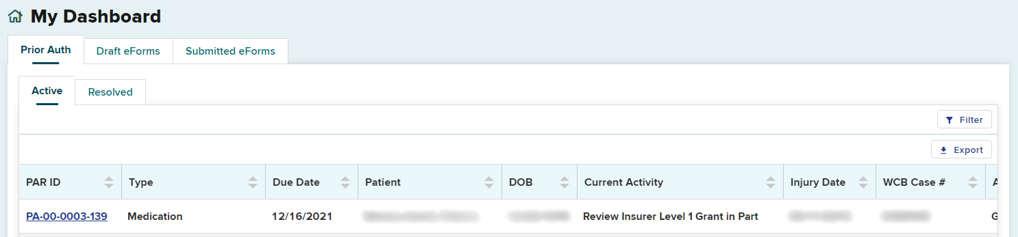 Dashboard Active tab showing Par with Current Activity Review Insurer Level 1 Grant in Part