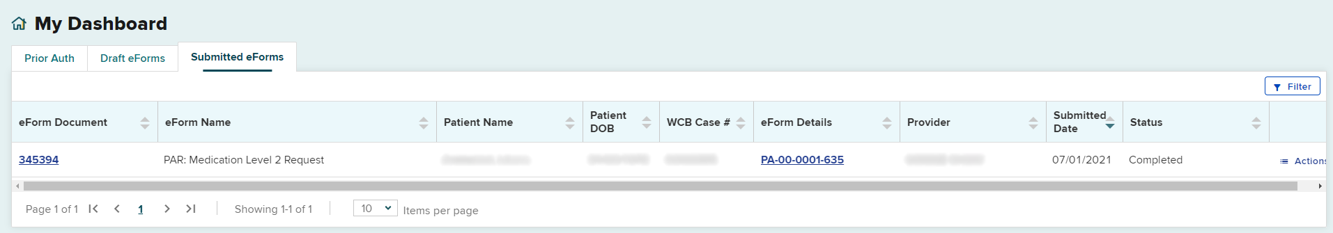 Dashbaord-Submitted eForms tab with PAR eForm Document number and name