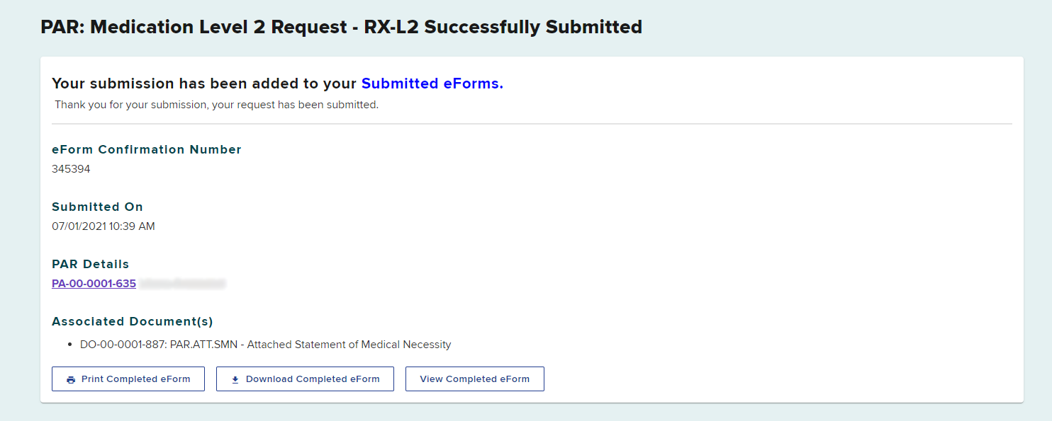 PAR Medication Level 2 Request Successfully Submitted