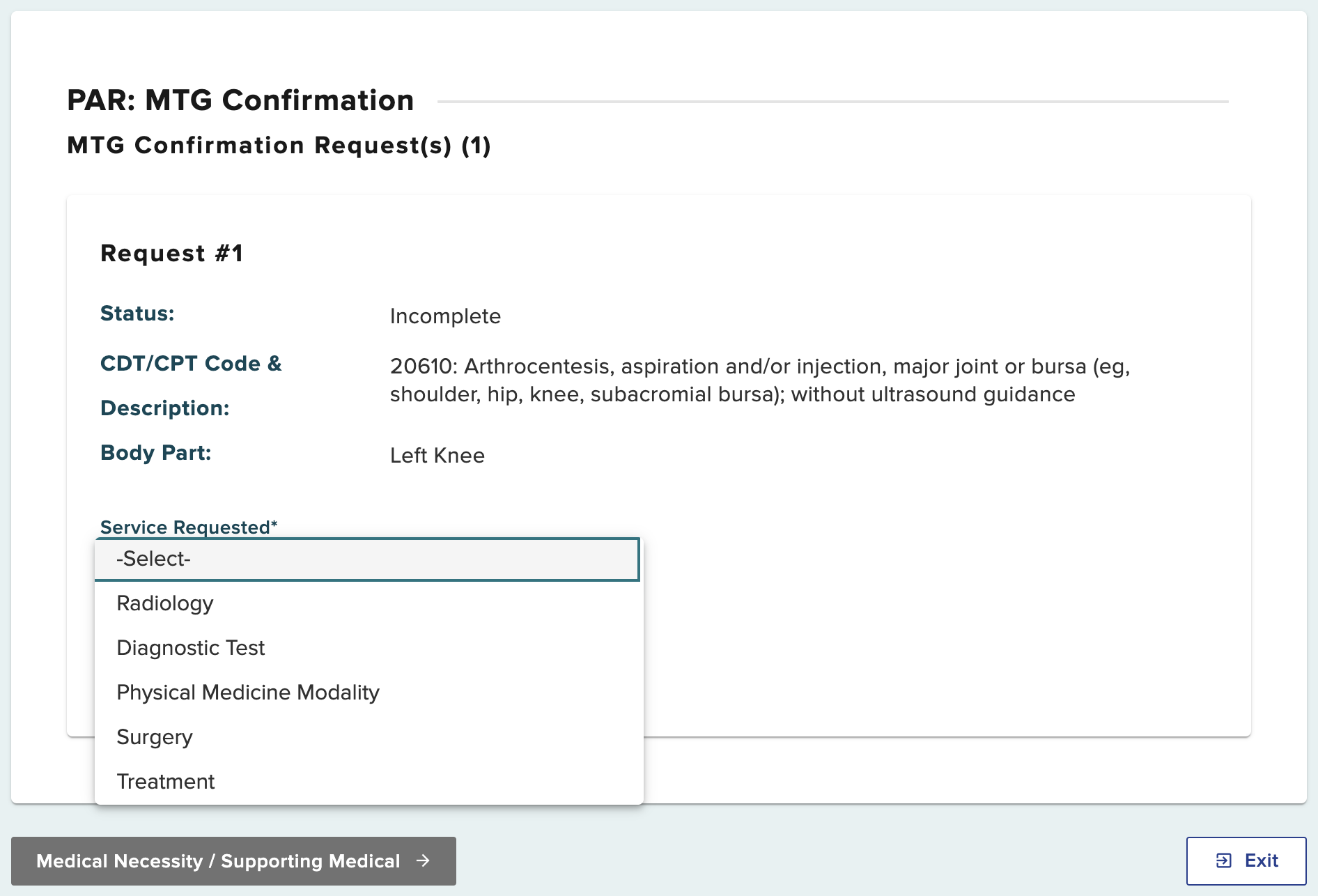 Service requested dropdown options
